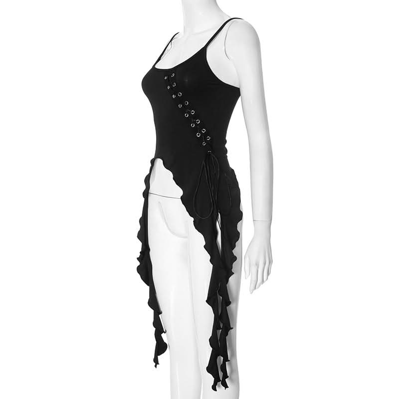 Dark Enchantress Asymmetrical Ruffle Cami Top - Edgy Lace-Up Tank for Fall & Halloween