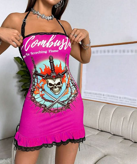 Edgy Y2K Skull & Flame Halter Mini Dress - Halloween Party Ready!