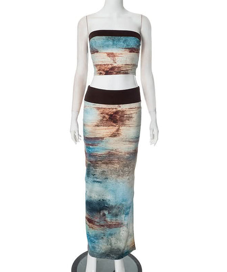 Artistic Abstract Print Tube Top & Maxi Skirt Set - Effortless Boho Chic for Fall & Resort