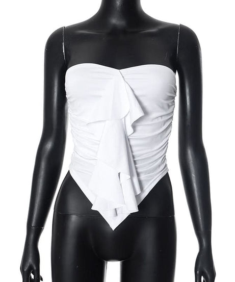 Chic White Ruffle Ruched Strapless Top - Fall Party & Layering Essential