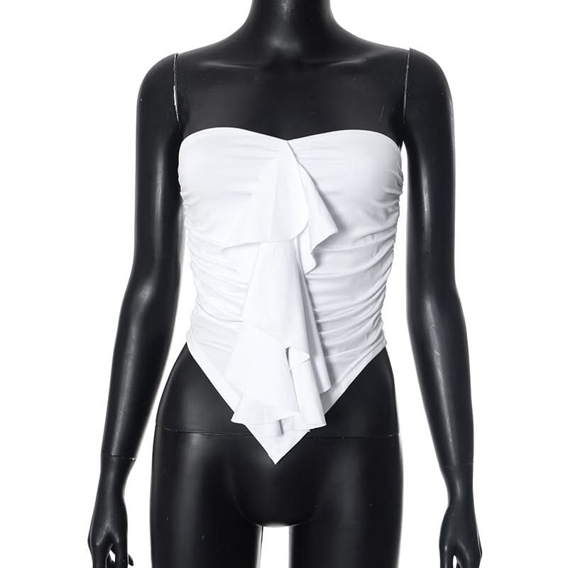 Chic White Ruffle Ruched Strapless Top - Fall Party & Layering Essential