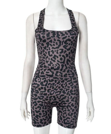 Fierce Fall Style: Women's Leopard Print Square Neck Tank & Biker Shorts Athleisure Set