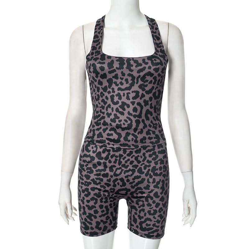 Fierce Fall Style: Women's Leopard Print Square Neck Tank & Biker Shorts Athleisure Set