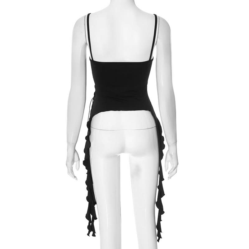 Dark Enchantress Asymmetrical Ruffle Cami Top - Edgy Lace-Up Tank for Fall & Halloween