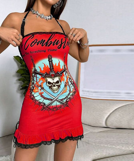 Edgy Y2K Skull & Flame Halter Mini Dress - Halloween Party Ready!