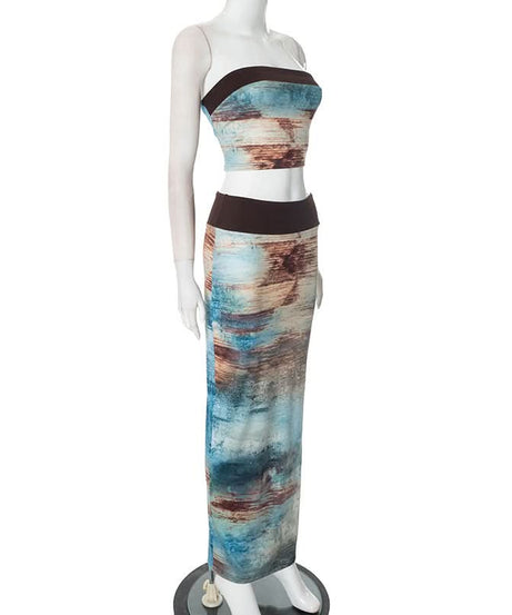 Artistic Abstract Print Tube Top & Maxi Skirt Set - Effortless Boho Chic for Fall & Resort