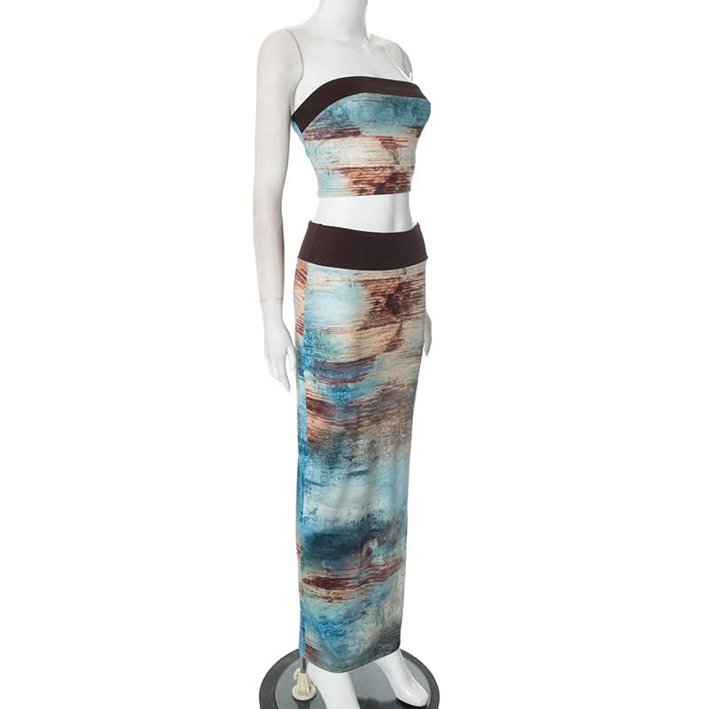 Artistic Abstract Print Tube Top & Maxi Skirt Set - Effortless Boho Chic for Fall & Resort