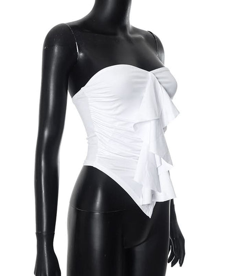 Chic White Ruffle Ruched Strapless Top - Fall Party & Layering Essential