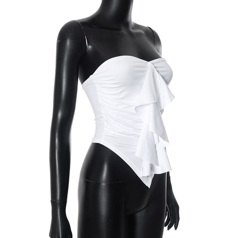 Chic White Ruffle Ruched Strapless Top - Fall Party & Layering Essential