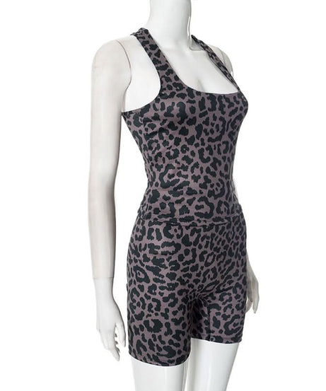 Fierce Fall Style: Women's Leopard Print Square Neck Tank & Biker Shorts Athleisure Set