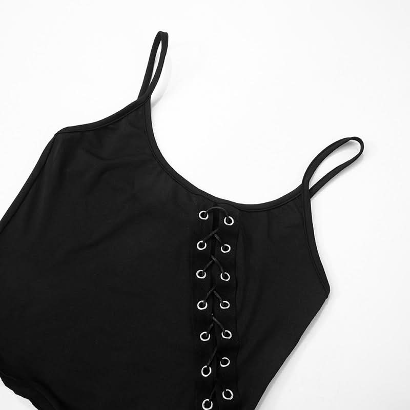 Dark Enchantress Asymmetrical Ruffle Cami Top - Edgy Lace-Up Tank for Fall & Halloween