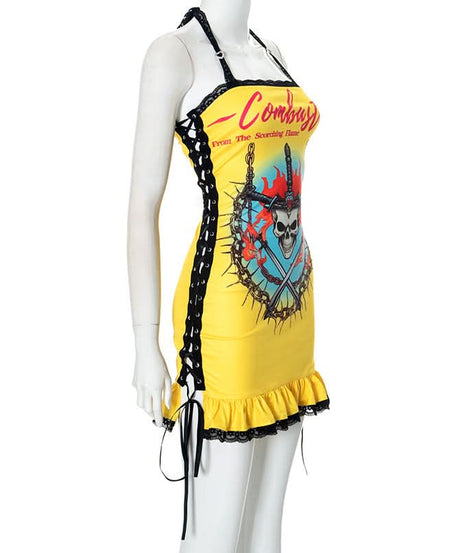 Edgy Y2K Skull & Flame Halter Mini Dress - Halloween Party Ready!