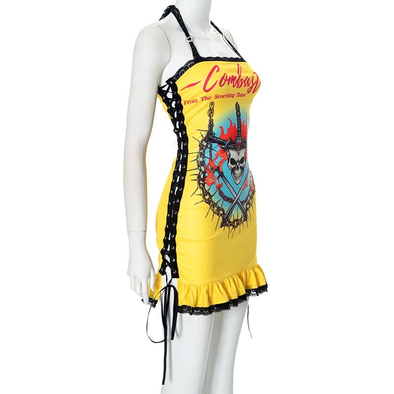 Edgy Y2K Skull & Flame Halter Mini Dress - Halloween Party Ready!