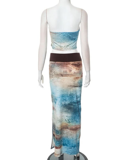 Artistic Abstract Print Tube Top & Maxi Skirt Set - Effortless Boho Chic for Fall & Resort