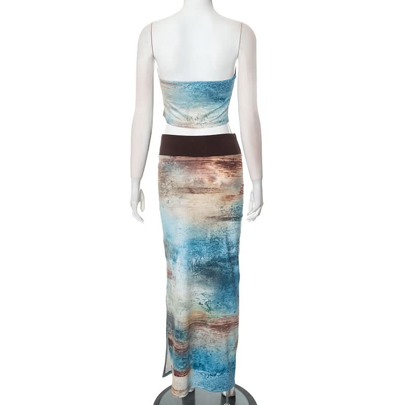 Artistic Abstract Print Tube Top & Maxi Skirt Set - Effortless Boho Chic for Fall & Resort
