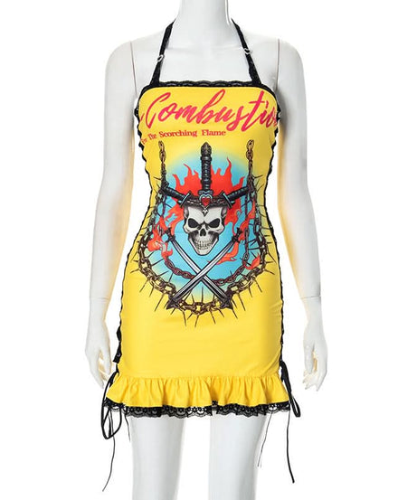 Edgy Y2K Skull & Flame Halter Mini Dress - Halloween Party Ready!