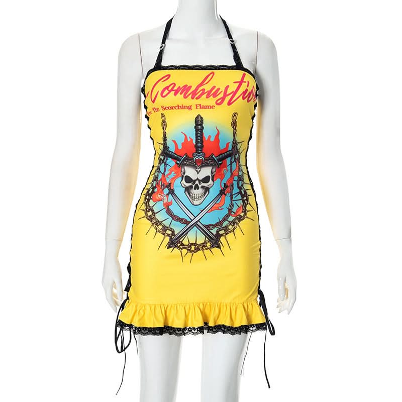 Edgy Y2K Skull & Flame Halter Mini Dress - Halloween Party Ready!