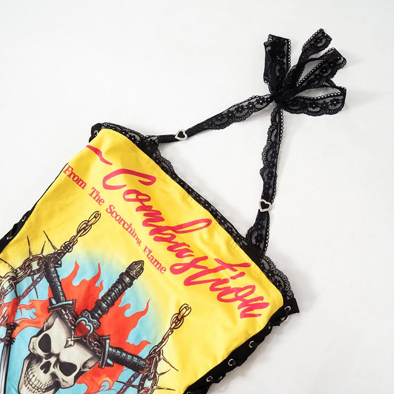 Edgy Y2K Skull & Flame Halter Mini Dress - Halloween Party Ready!