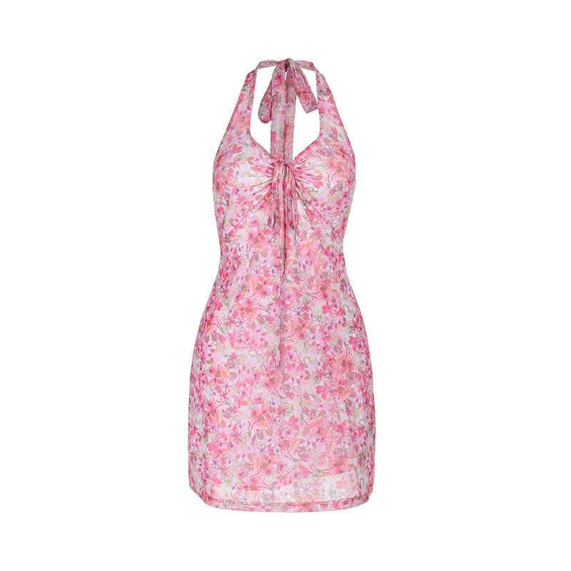 Dreamy Pink Floral Halter Mini Dress – Your Warm Weather Escape & Resort Essential