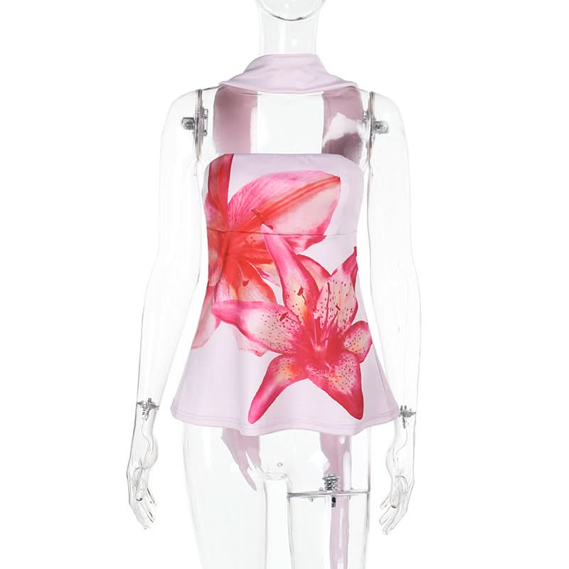 Effortless Pink Lily Halter Tube Top | Your Chic 'Escape the Chill' Vacation Essential