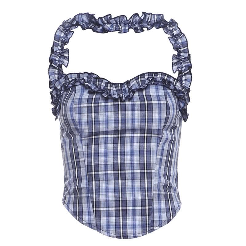 Chic Fall Blue Plaid Halter Top - Ruffle Smocked Sweetheart Blouse for Women