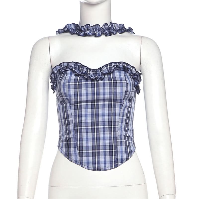 Chic Fall Blue Plaid Halter Top - Ruffle Smocked Sweetheart Blouse for Women