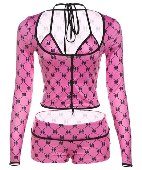 Y2K Coquette Pink Bow Halter Crop Top & Shorts Set - Long Sleeve Party Outfit