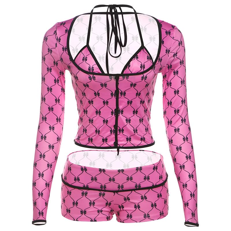 Y2K Coquette Pink Bow Halter Crop Top & Shorts Set - Long Sleeve Party Outfit