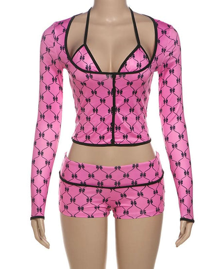 Y2K Coquette Pink Bow Halter Crop Top & Shorts Set - Long Sleeve Party Outfit
