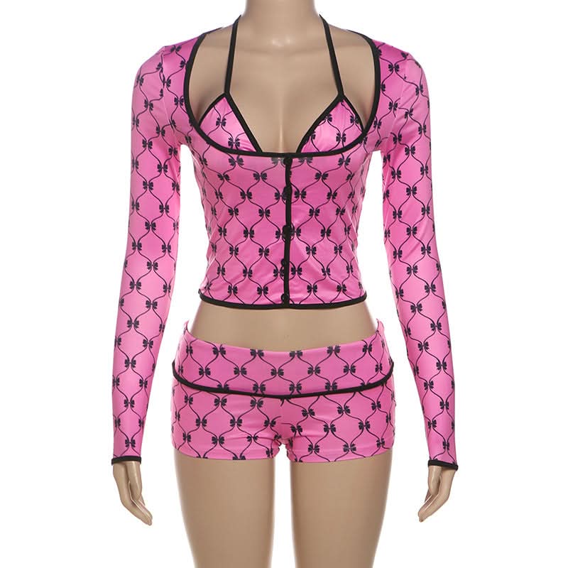 Y2K Coquette Pink Bow Halter Crop Top & Shorts Set - Long Sleeve Party Outfit