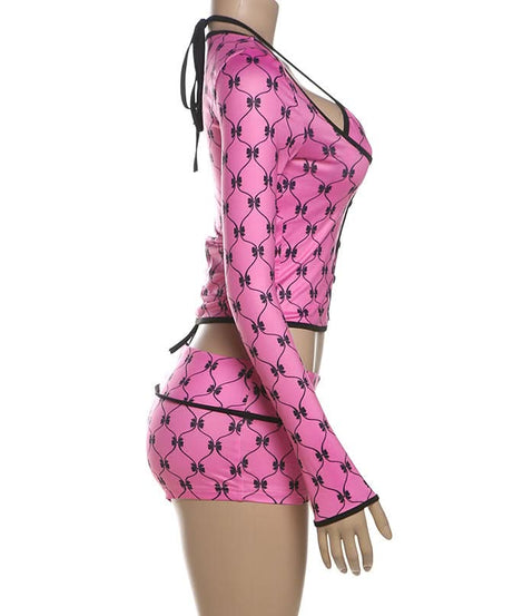 Y2K Coquette Pink Bow Halter Crop Top & Shorts Set - Long Sleeve Party Outfit