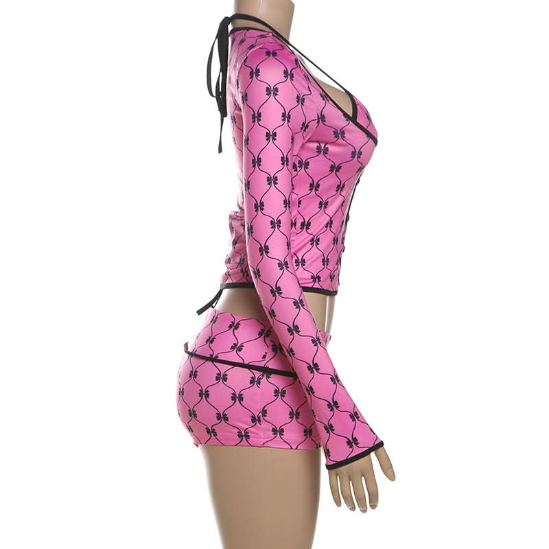 Y2K Coquette Pink Bow Halter Crop Top & Shorts Set - Long Sleeve Party Outfit