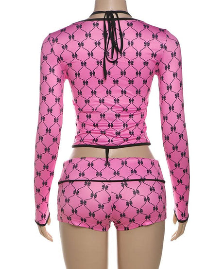 Y2K Coquette Pink Bow Halter Crop Top & Shorts Set - Long Sleeve Party Outfit