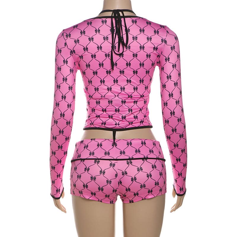 Y2K Coquette Pink Bow Halter Crop Top & Shorts Set - Long Sleeve Party Outfit