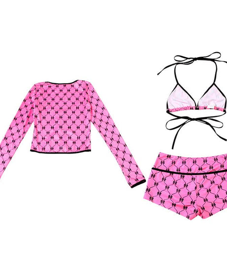 Y2K Coquette Pink Bow Halter Crop Top & Shorts Set - Long Sleeve Party Outfit