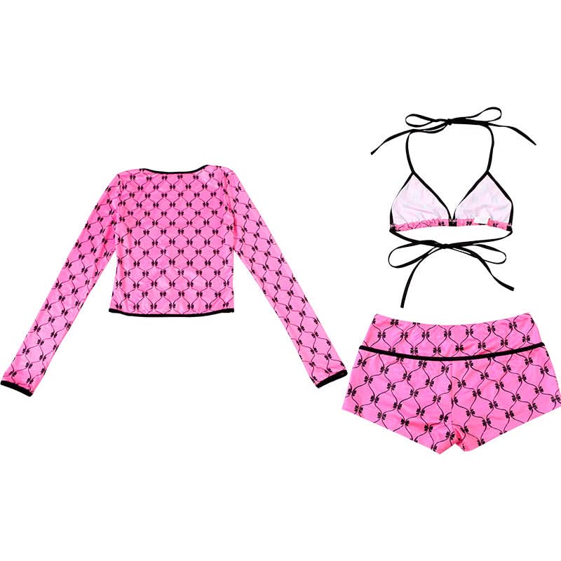 Y2K Coquette Pink Bow Halter Crop Top & Shorts Set - Long Sleeve Party Outfit