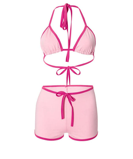 Chic Pink Halter & Shorts Loungewear Set - Self-Tie Comfort for Cozy Fall Nights