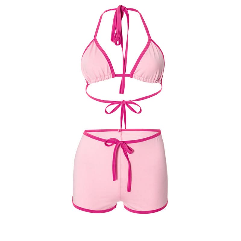 Chic Pink Halter & Shorts Loungewear Set - Self-Tie Comfort for Cozy Fall Nights