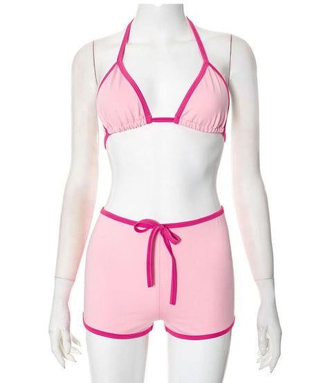 Chic Pink Halter & Shorts Loungewear Set - Self-Tie Comfort for Cozy Fall Nights