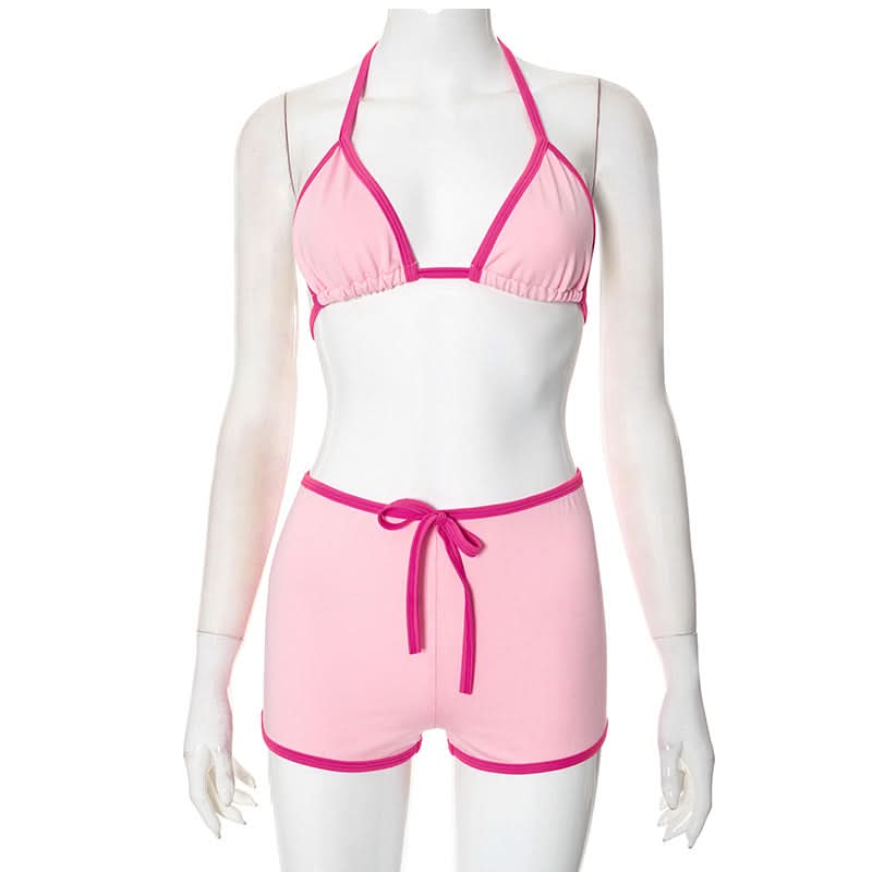 Chic Pink Halter & Shorts Loungewear Set - Self-Tie Comfort for Cozy Fall Nights