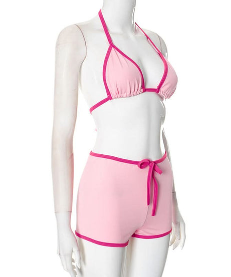 Chic Pink Halter & Shorts Loungewear Set - Self-Tie Comfort for Cozy Fall Nights
