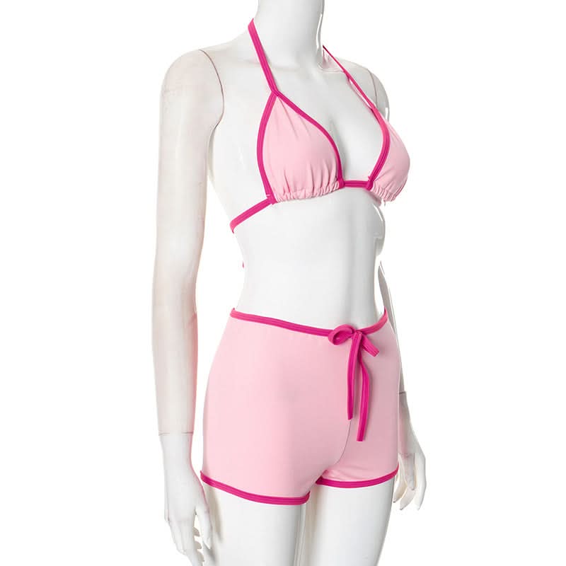 Chic Pink Halter & Shorts Loungewear Set - Self-Tie Comfort for Cozy Fall Nights