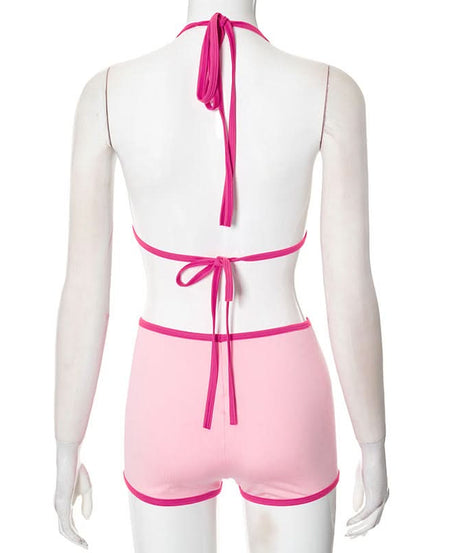 Chic Pink Halter & Shorts Loungewear Set - Self-Tie Comfort for Cozy Fall Nights