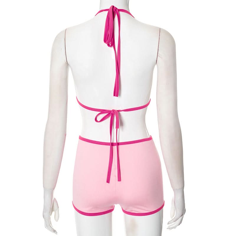 Chic Pink Halter & Shorts Loungewear Set - Self-Tie Comfort for Cozy Fall Nights