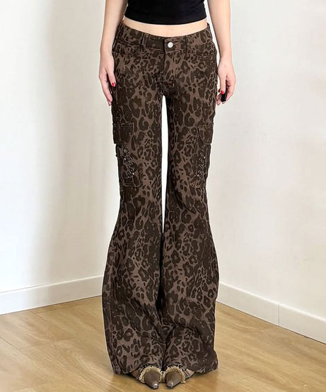 Y2K Leopard Print Low Rise Cargo Flare Pants - Edgy Fall Fashion Statement
