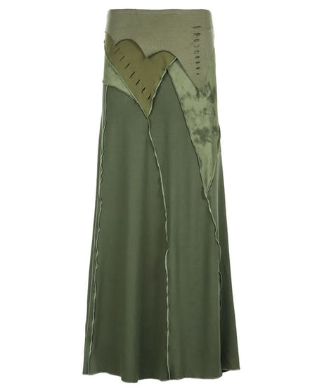 Enchanted Fall Maxi Skirt - Bohemian Olive Green Patchwork with Raw Seams
