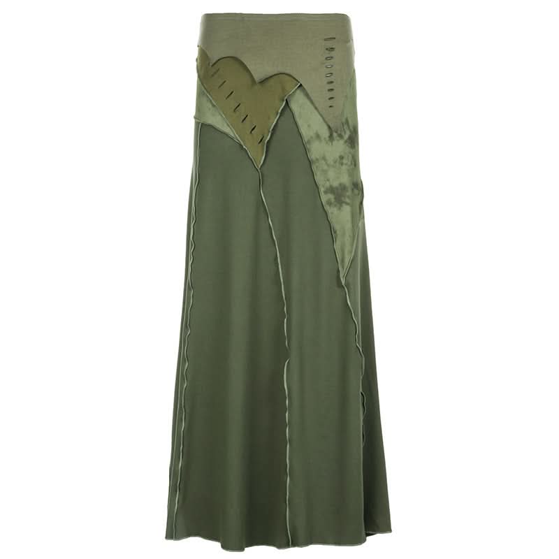 Enchanted Fall Maxi Skirt - Bohemian Olive Green Patchwork with Raw Seams