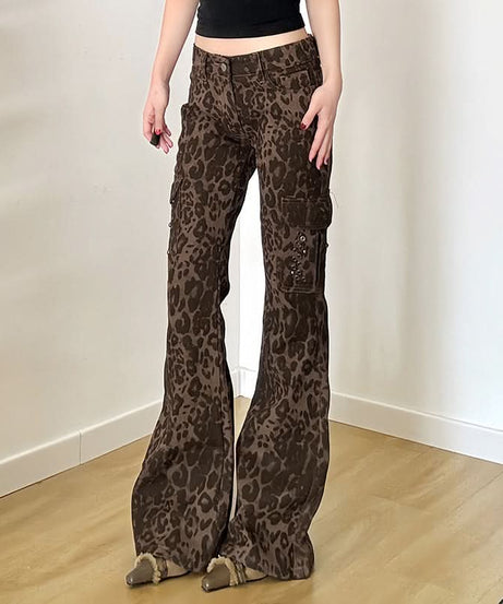 Y2K Leopard Print Low Rise Cargo Flare Pants - Edgy Fall Fashion Statement