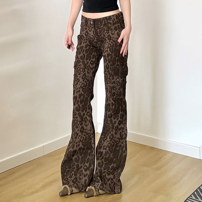 Y2K Leopard Print Low Rise Cargo Flare Pants - Edgy Fall Fashion Statement