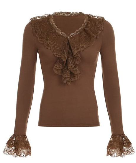 Enchanting Olive Green Ruffle Knit Crop Top | Y2K Flared Sleeve & Lace Detail for Fall